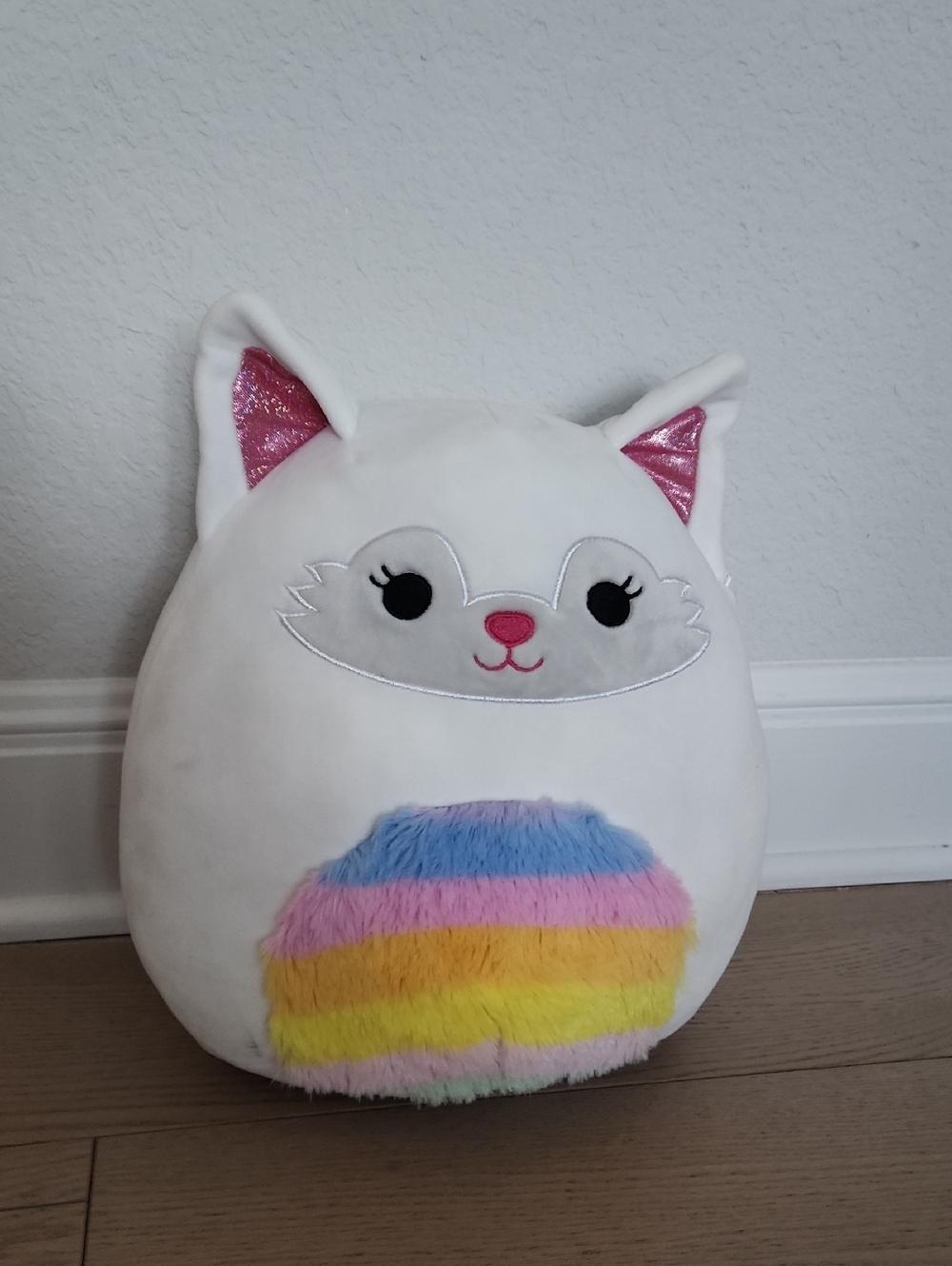 White Cat Squishmallow Pillow with Rainbow Fur